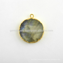 Natural Labradorite Slice Gemstone Bezel Charm, Micron Gold Plated Sterling Silver Bezel Connector and Charm Suppliers